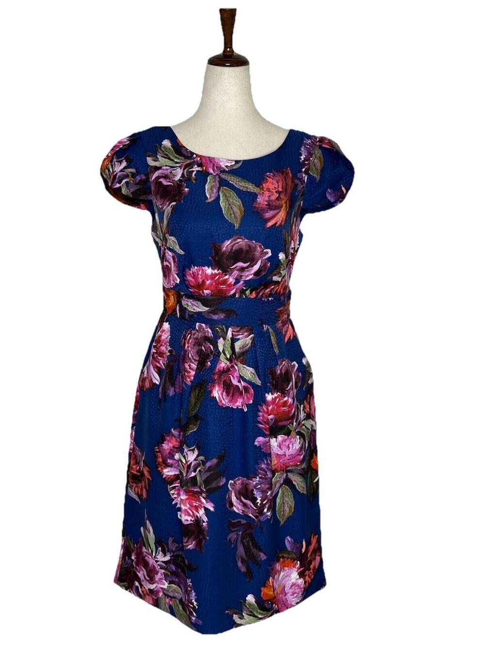 Anthropologie Moulinette Soeurs Rosado Dress 4 Blue Floral Print Cap Sleeve - Picture 2 of 9